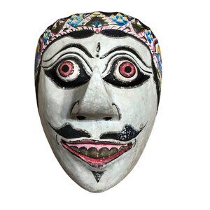 Balinese Wooden Mask Hand Carved Wall Art Hanging Decor Red Blue Yellow Face